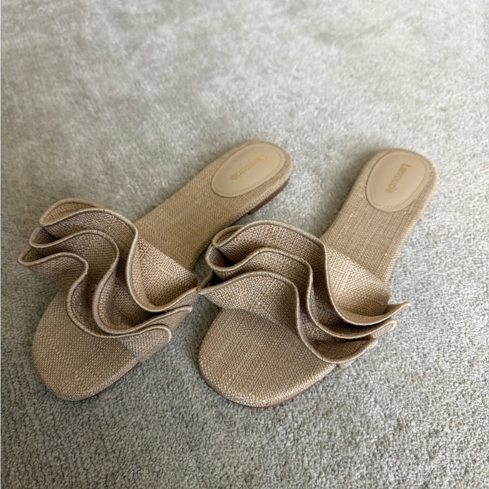 Larroude Beige Ruffle Slide Sandals